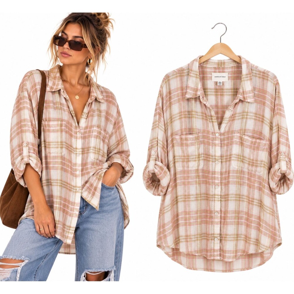 American Eagle Outfitters Oversized Button Down Shirt Size Medium Peach Plaid